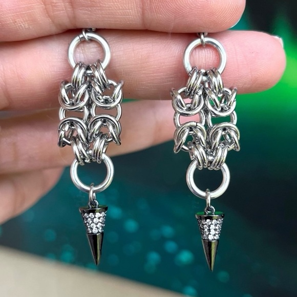 Handmade maille cz black spike dangly stainless steel earrings boho goth silver - Picture 1 of 13